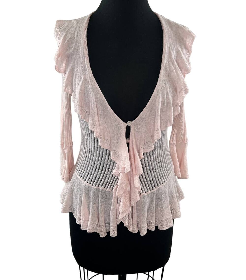 Anthro KNITTED & KNOTTED Pink Linen Cotton Blend 3/4 Sleeve Ruffle Sweater S